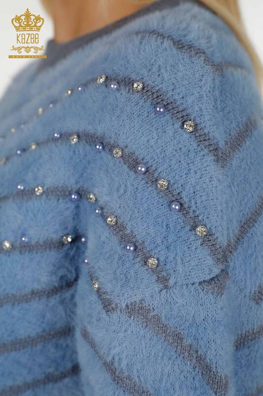 Grossiste Pull Femme - Angora Perles Brodées - Bleu - 30189 | KAZEE