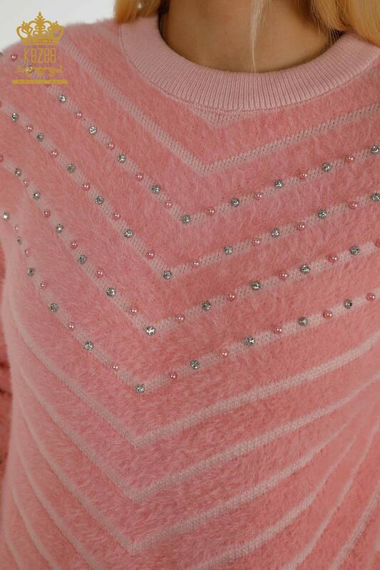 Grossiste Pull Femme - Angora - Perles Brodées - Rose - 30189 | KAZEE