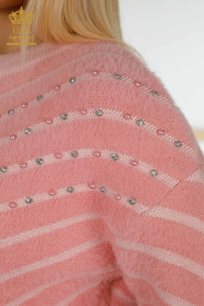 Grossiste Pull Femme - Angora - Perles Brodées - Rose - 30189 | KAZEE - Thumbnail