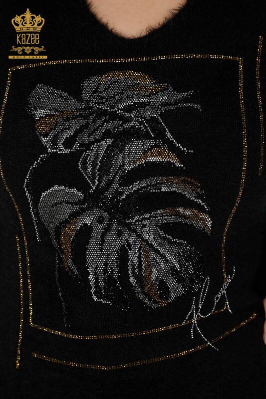 Grossiste Pull Femme Tricot Angora Motif Noir - 16995 | KAZEE