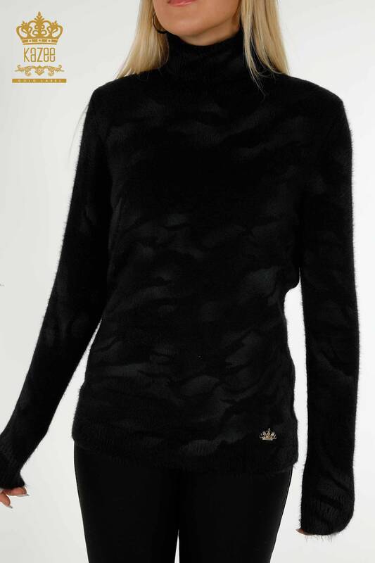 Grossiste Pull Femme Tricot Angora Motif Noir - 18990 | KAZEE