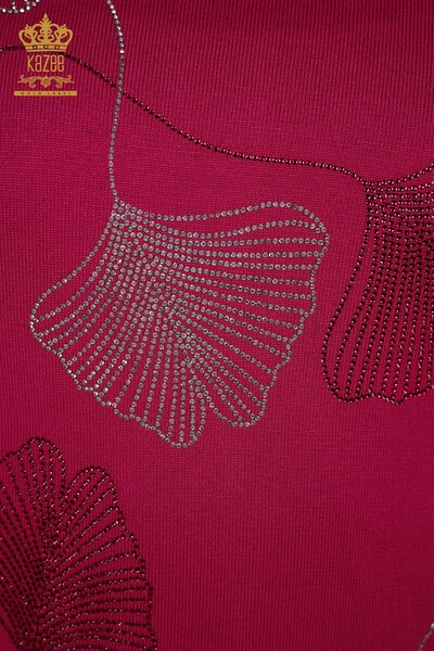 Grossiste Pull en Tricot Femme - Motif Feuilles - Fuchsia - 30095 | KAZEE - Thumbnail