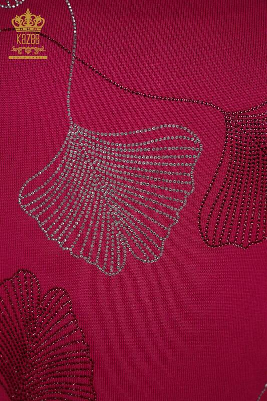Grossiste Pull en Tricot Femme - Motif Feuilles - Fuchsia - 30095 | KAZEE