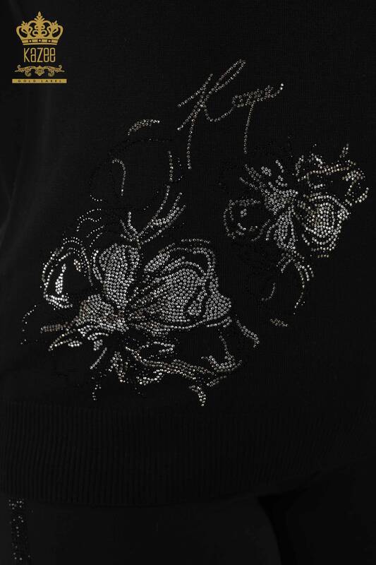 Grossiste Tricot Femme - Floral Motif - Noir - 30152 | KAZEE