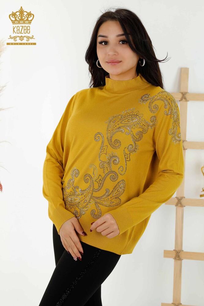 Grossiste Pull Femme Cristal Pierre Brodée Safran - 30013 | KAZEE - 1