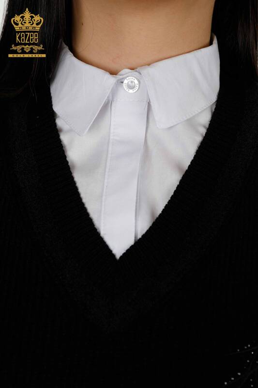 Grossiste Pull sans manches pour femmes Pierre de cristal brodée Noir - 30170 | KAZEE