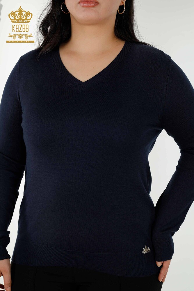 Grossiste Pull en Maille Femme Basic Logo Navy - 30181 | KAZEE - 2