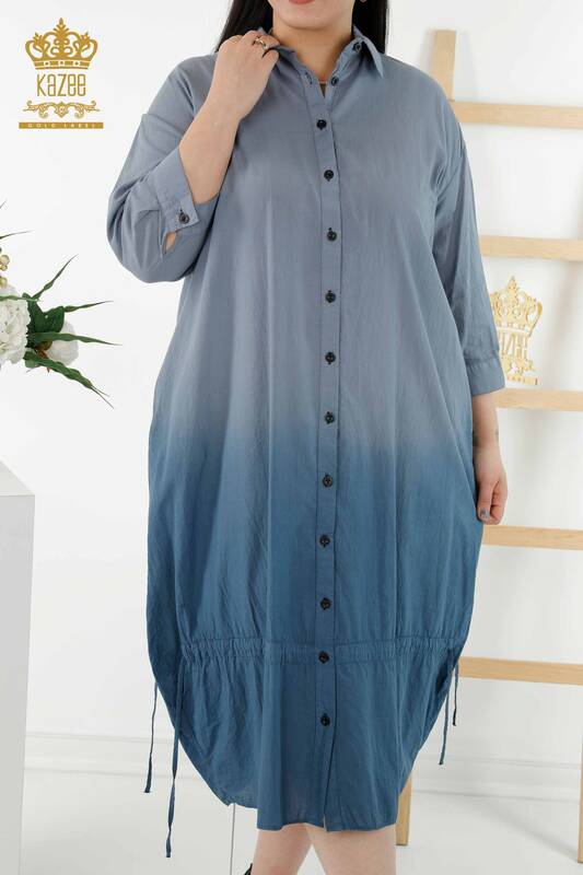 Vente en Gros Robe chemise femme - Transition de couleur - Avec poche - Bleu marine - 20365 | KAZEE