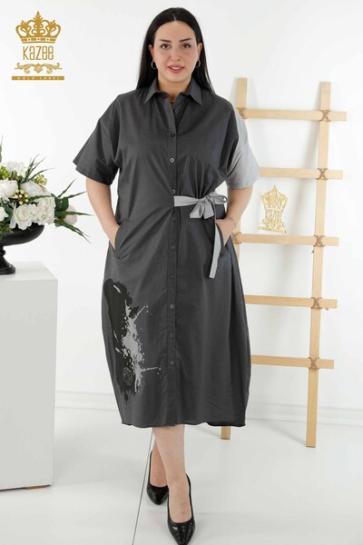 Grossiste Robe Chemise Femme - Deux Couleurs - Gris Anthracite - 20378 | KAZEE - Kazee