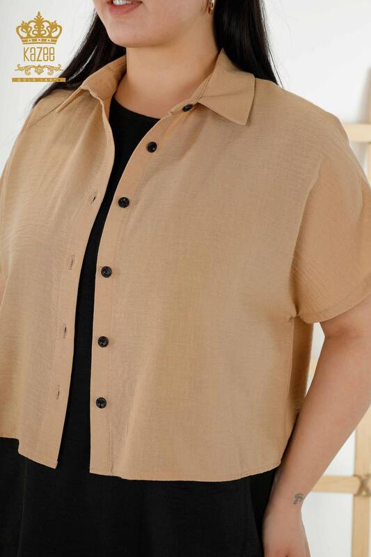 Vente en gros Robe chemise femme - Manches courtes - à motifs Beige - 20377 | KAZEE