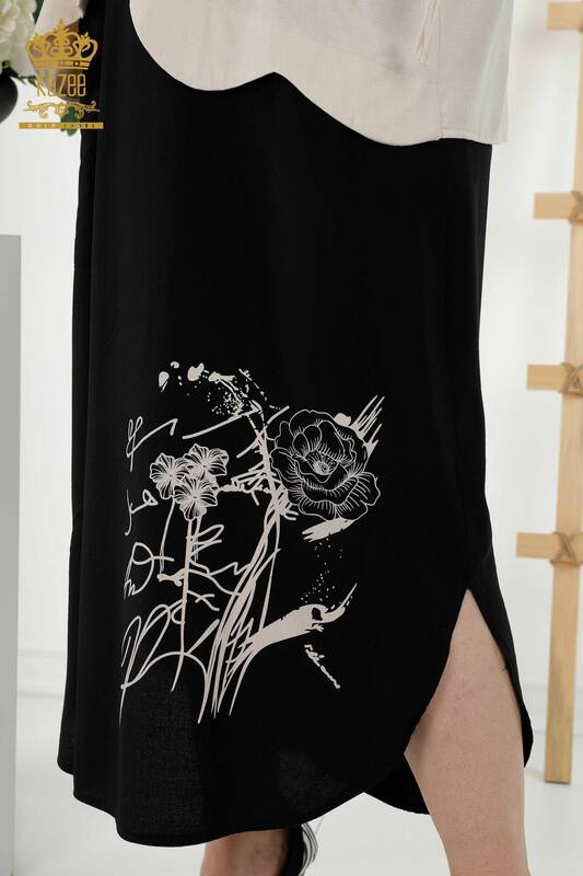 Grossiste Robe Chemise Femme - Motif Floral - Beige Noir - 20367 | KAZEE