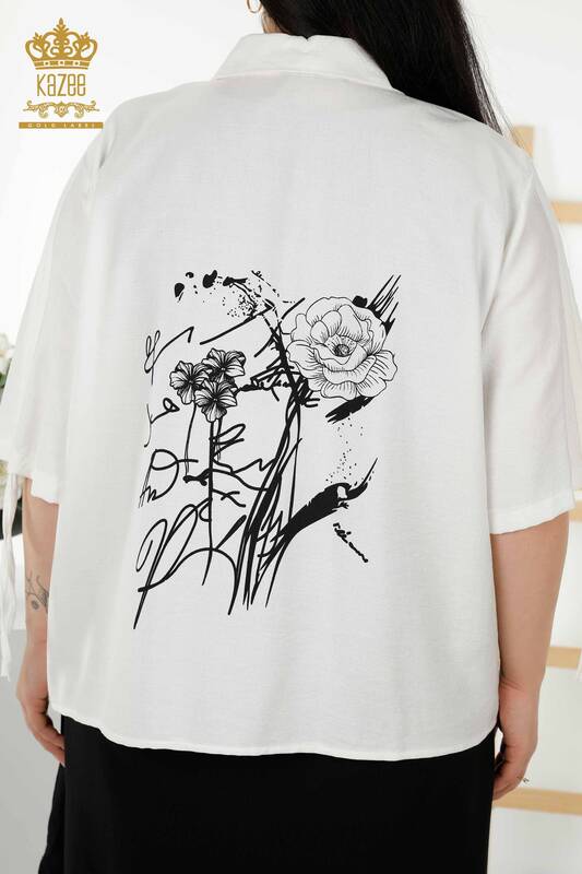 Grossiste Robe Chemise Femme - Motif Floral - Blanc Noir - 20367 | KAZEE