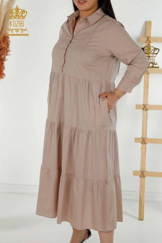 Grossiste Robe Femme - Bouton Détaillé - Beige - 20261 | KAZEE