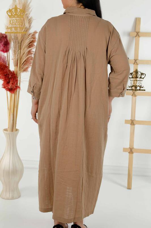 Grossiste Robe Femme - Bouton Détaillé - Beige - 20405 | KAZEE