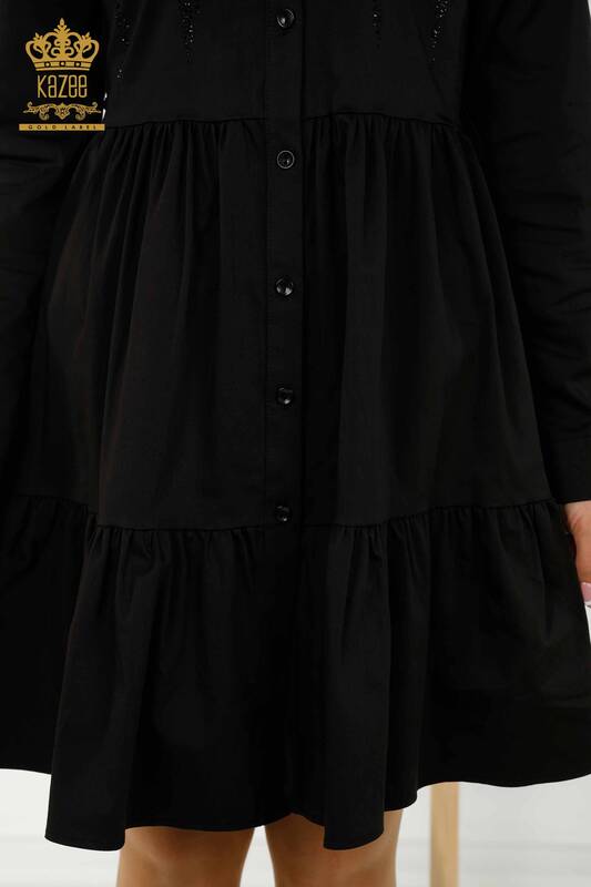 Grossiste Robe Femme - Boutonnée - Pierre Brodée - Noir - 20229 | KAZEE