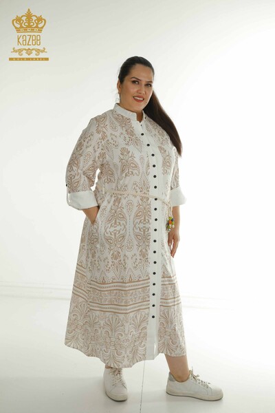 Robe pour femmes en gros avec détail noué à la taille Beige - 2402-211682 | S&M - Thumbnail