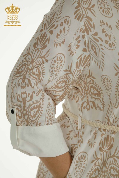 Robe pour femmes en gros avec détail noué à la taille Beige - 2402-211682 | S&M - Thumbnail