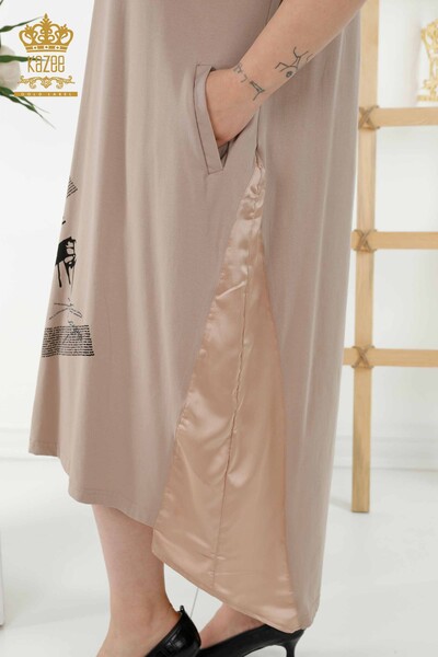 Grossiste Robe Femme - Cuir Détail - Poches - Beige - 20366 | KAZEE - 6