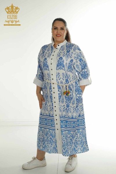 Robe bleue en gros pour femmes avec détail de lien à la taille - 2402-211682 | S&M - Thumbnail