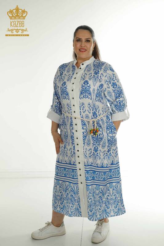 Robe bleue en gros pour femmes avec détail de lien à la taille - 2402-211682 | S&M