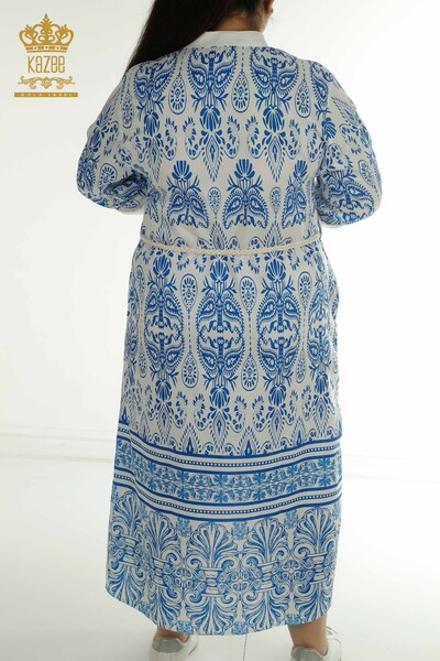 Robe bleue en gros pour femmes avec détail de lien à la taille - 2402-211682 | S&M - Thumbnail