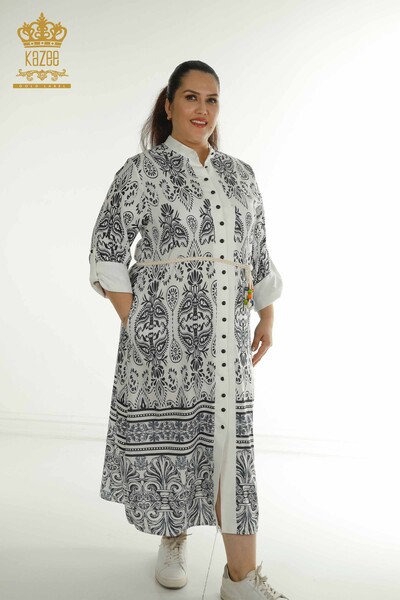 Robe noire en gros pour femmes avec détail à nouer à la taille - 2402-211682 | S&M - Thumbnail