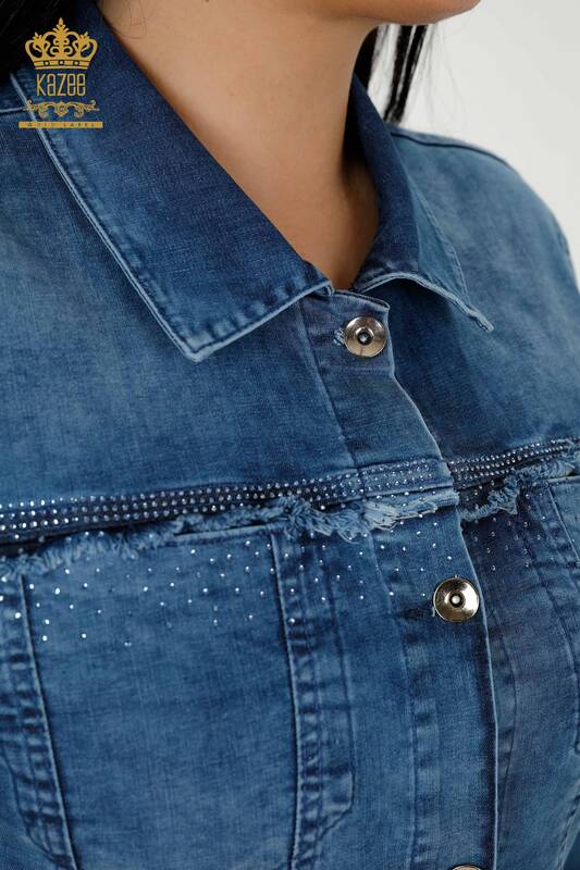 Vente en gros Veste en jean pour femme Pierre de cristal brodée Bleu - 20373 | KAZEE