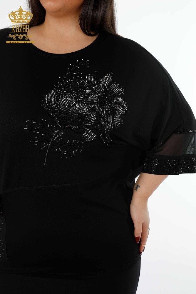 Vente en gros de chemisier à manches en tulle pour femmes motif floral avec poche détaillée - 79026 | KAZEE - 5