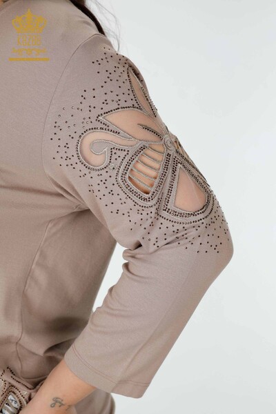 Grossiste Chemisier Femme Pierre Brodé Tulle Col V Détaillé Beige - 77927 | KAZEE - 4