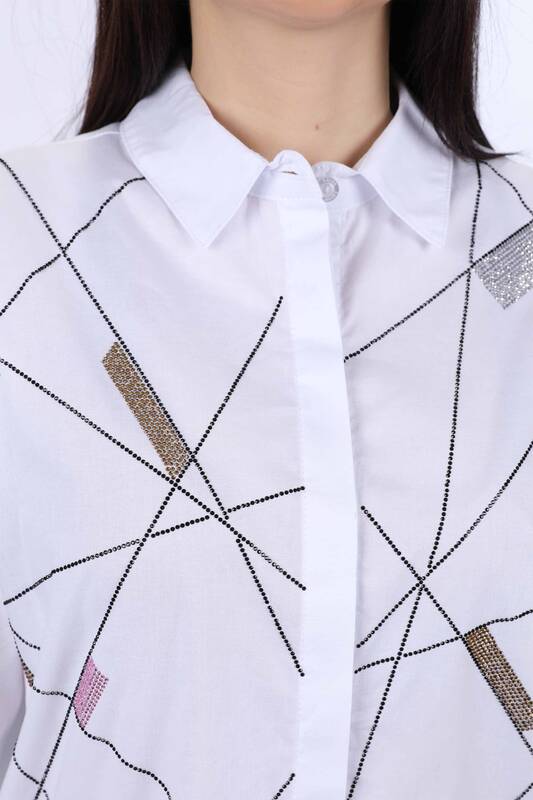 Vente en gros de chemise brodée de pierres colorées à rayures pour femmes - 20065 | KAZEE