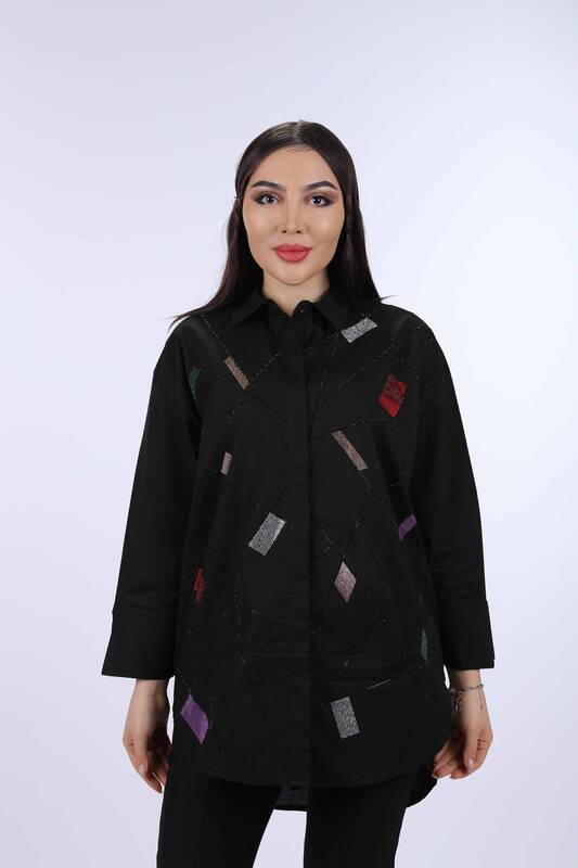 Vente en gros de chemise brodée de pierres colorées à rayures pour femmes - 20065 | KAZEE
