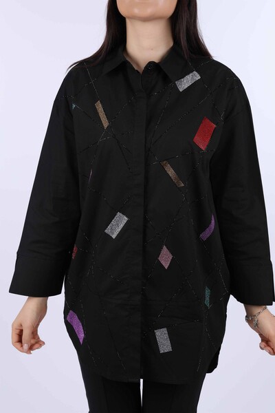 Vente en gros de chemise brodée de pierres colorées à rayures pour femmes - 20065 | KAZEE - Thumbnail