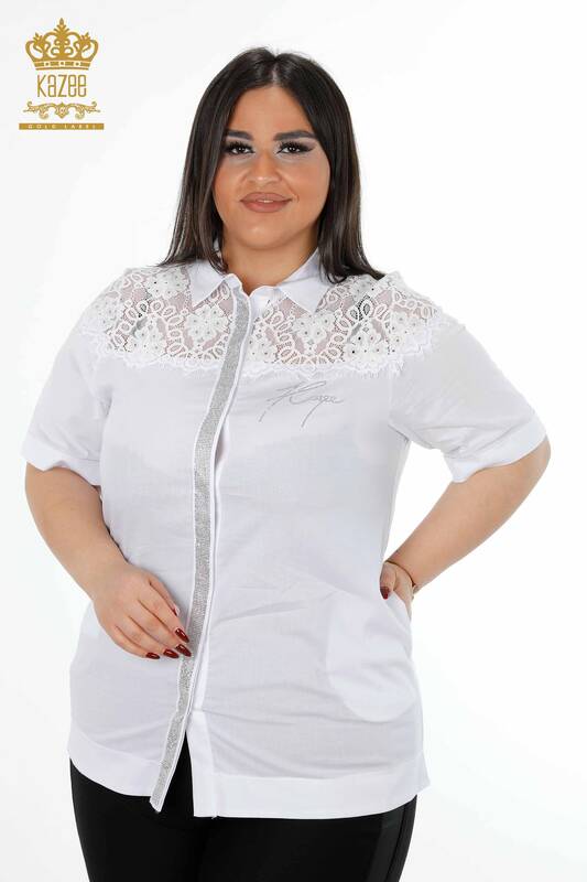 Vente en gros de chemise pour femmes en tulle à motifs détaillés brodés de pierre de cristal - 20211 | KAZEE