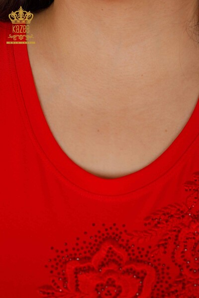 Vente en gros Chemisier Femme Rose Motif Ras du Cou Pierre Brodée - 79004 | KAZEE - 23