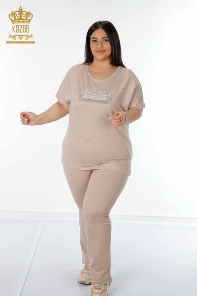 Grossiste Ensemble Survêtement Femme Manches Courtes Beige - 17389 | KAZEE - 1