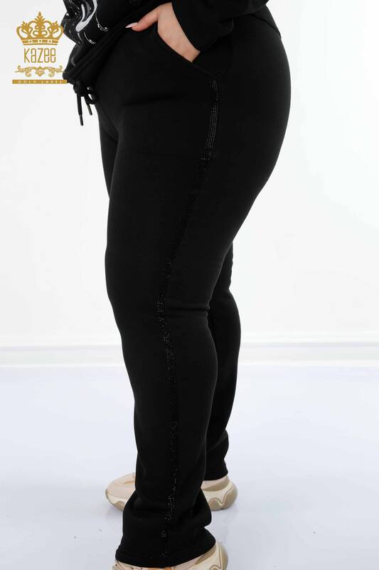 Vente en gros Ensemble de survêtement femme noir avec poche imprimée - 17296 | KAZEE