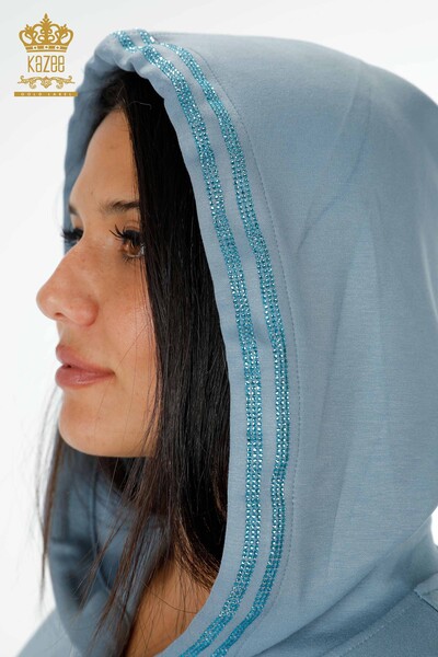 Vente en gros Ensemble de survêtement pour femmes avec poche à capuche brodée de pierres à rayures - 17450 | KAZEE - Thumbnail