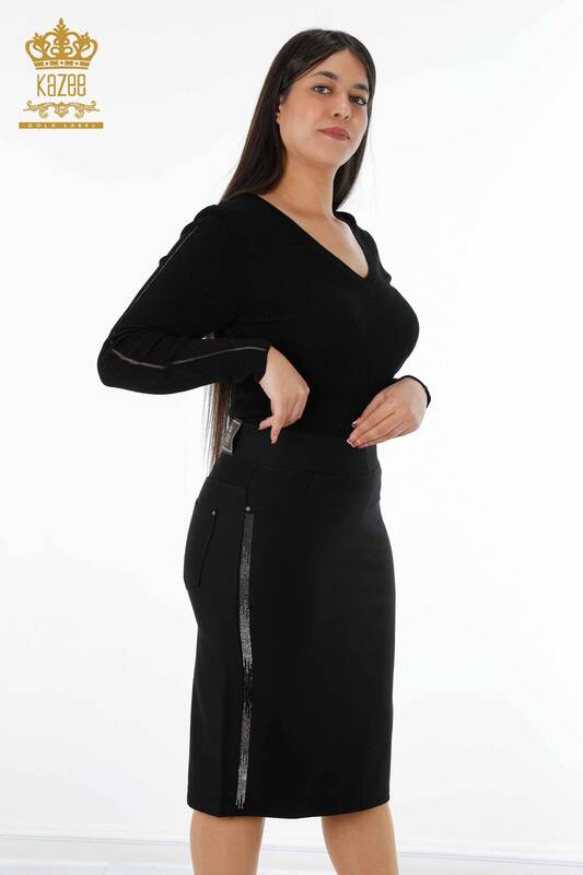 Vente en gros Jupe Stripe Crystal Stone Poche Brodée Détaillée pour Femmes - 4169 | KAZEE