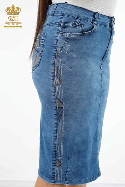 Vente en gros de jupe en jean pour femme à rayures latérales brodées de pierres - 4184 | KAZEE - 6