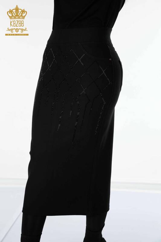 Grossiste Jupe Femme Avec Poche Pierre Brodée Noire - 4191 | KAZEE