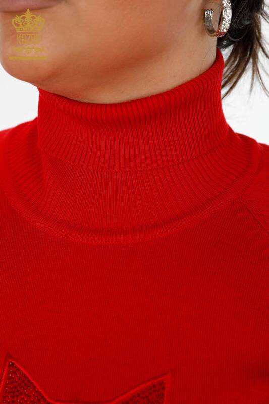Grossiste Pull Femme Tricot Pierre Brodé Rouge - 15279 | KAZEE