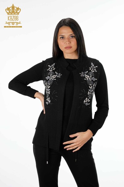 Grossiste Femmes Tricots Gilet Court Floral Brodé Pierre Brodée - 16814 | KAZEE - 16