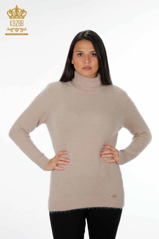 Vente en gros de pull en tricot pour femme à col roulé et logo à manches longues - 18843 | KAZEE