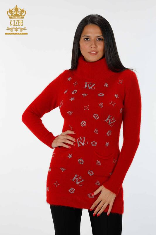 Vente en gros de tunique en tricot pour femmes à motifs deux poches détaillées Angora - 18895 | KAZEE