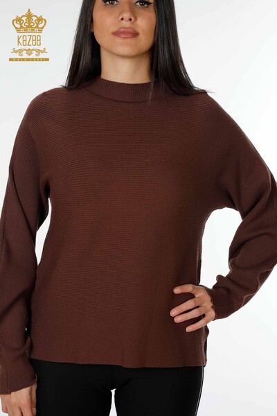 Vente en gros de pull en tricot marron à manches ballon pour femme - 15669 | KAZEE - Thumbnail