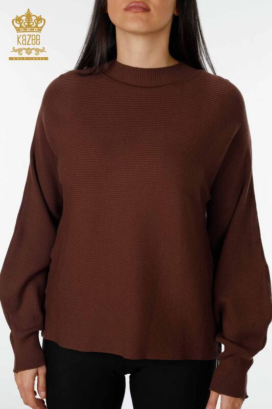 Vente en gros de pull en tricot marron à manches ballon pour femme - 15669 | KAZEE