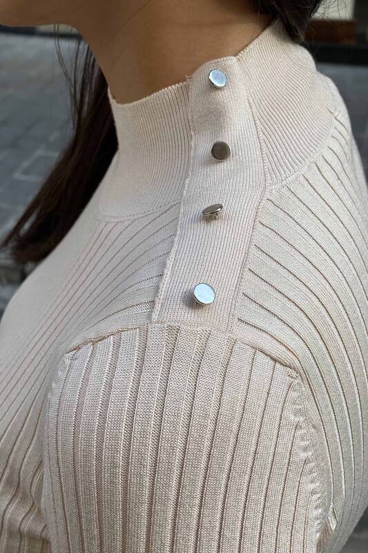 Vente en gros de pull en tricot pour femmes, bouton à col montant détaillé - 16238 | KAZEE