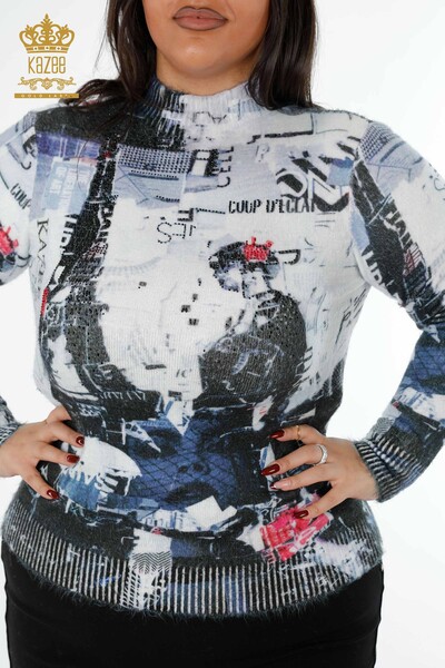 Vente en gros de pull en tricot pour femmes col montant à motifs impression numérique Angora - 18935 | KAZEE - Thumbnail