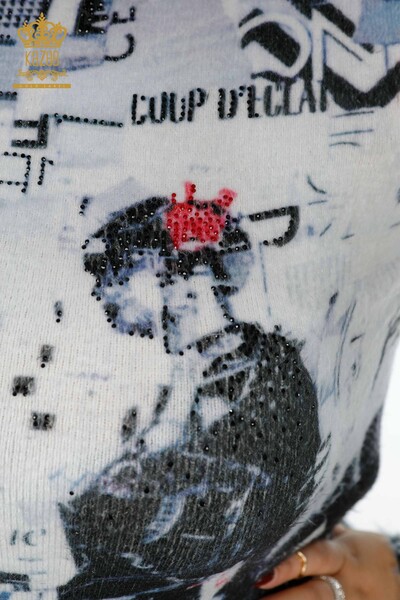 Vente en gros de pull en tricot pour femmes col montant à motifs impression numérique Angora - 18935 | KAZEE - Thumbnail
