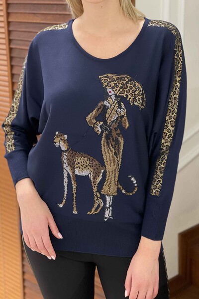 Vente en gros pull en tricot à col rond détaillé léopard pour femmes - 16557 | KAZEE - Thumbnail